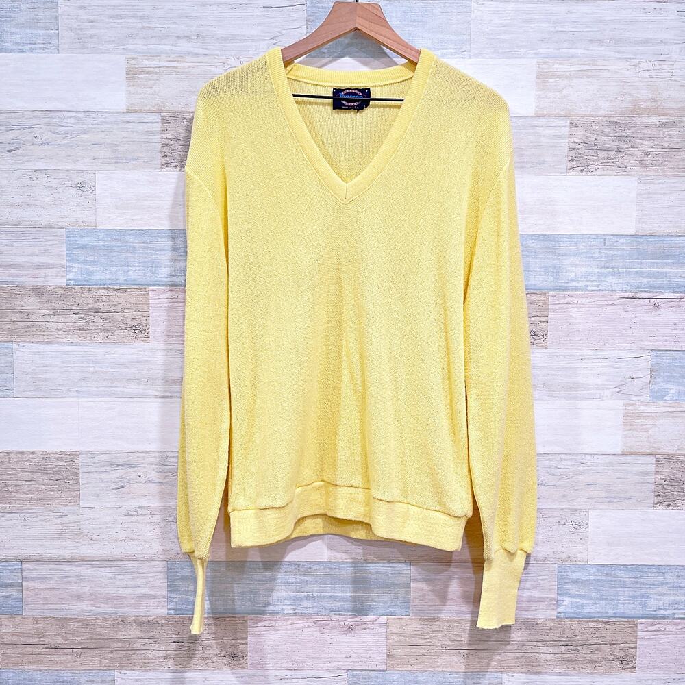 Jantzen Vintage Orlon Acrylic V Neck Sweater Yellow Made In USA Mens Large